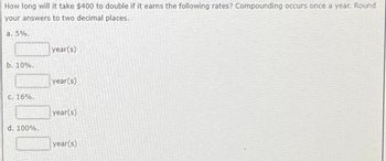 How long will it take $400 to double if it earns the following rates? Compounding occurs once a year. Round
your answers to two decimal places.
a. 5%.
b. 10%.
C. 16%.
d. 100%.
year(s)
year(s)
year(s)
year(s)