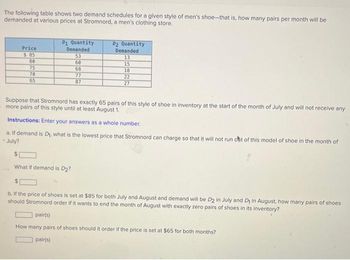 The following table shows two demand schedules for a given style of men's shoe-that is, how many pairs per month will be
demanded at various prices at Stromnord, a men's clothing store.
Price
$ 85
80
75
70
65
D₁ Quantity
Demanded
53
60
What if demand is D2?
68
77
87
Suppose that Stromnord has exactly 65 pairs of this style of shoe in inventory at the start of the month of July and will not receive any
more pairs of this style until at least August 1.
Instructions: Enter your answers as a whole number.
a. If demand is D₁, what is the lowest price that Stromnord can charge so that it will not run oht of this model of shoe in the month of
July?
pair(s)
D2 Quantity
Demanded
13
15
18
22
27
b. If the price of shoes is set at $85 for both July and August and demand will be D2 in July and D in August, how many pairs of shoes
should Stromnord order if it wants to end the month of August with exactly zero pairs of shoes in its inventory?
pair(s)
How many pairs of shoes should it order if the price is set at $65 for both months?