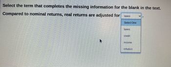 Select the term that completes the missing information for the blank in the text.
Compared to nominal returns, real returns are adjusted for
taxes
Select One
taxes
credit
income
inflation