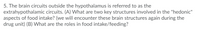 5. The brain circuits outside the hypothalamus is referred to as the
extrahypothalamic circuits. (A) What are two key structures involved in the "hedonic"
aspects of food intake? (we will encounter these brain structures again during the
drug unit) (B) What are the roles in food intake/feeding?

