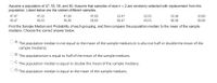 Assume a population of 47, 53, 56, and 60. Assume that samples of size n = 2 are randomly selected with replacement from the
population. Listed below are the sixteen different samples.
47,47
47,53
47,56
47,60
53,47
53,53
53,56
53,60
56,47
56,53
56,56
56,60
60,47
60,53
60,56
60,60
Find the Sample Median and Probability of each grouping, and then compare the population median to the mean of the sample
medians. Choose the correct answer below.
А.
The population median is not equal to the mean of the sample medians (it is also not half or double the mean of the
sample medians).
В.
The populationian is equal to half of the mean of the sample medians.
С.
The population median is equal to double the mean of the sample medians.
D.
The population median is equal to the mean of the sample medians.
