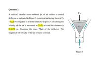 Question 3.
FA
A vertical, circular cross-sectional jet of air strikes a conical
deflector as indicated in Figure 3. A vertical anchoring force of FA
= 0,2a N is required to hold the deflector in place. Considering the
velocity of the air is measured as V=3c m/s and the diameter is
60
D-0,3b m, determine the mass *(kg) of the deflector. The
magnitude of velocity of the air remains constant.
D
Figure 3
