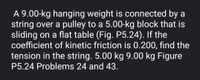 A 9.00-kg hanging weight is connected by a
string over a pulley to a 5.00-kg block that is
sliding on a flat table (Fig. P5.24). If the
coefficient of kinetic friction is 0.200, find the
tension in the string. 5.00 kg 9.00 kg Figure
P5.24 Problems 24 and 43.
