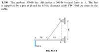 1.14 The uniform 300-lb bar AB carries a 500-lb vertical force at A. The bar
is supported by a pin at B and the 0.5-in. diameter cable CD. Find the stress in the
cable.
A
3ft
3 ft
B
500 lb
FIG. P1.14
