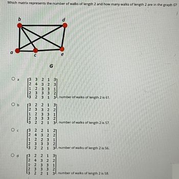 Which matrix represents the number of walks of length 2 and how many walks of length 2 are in the graph G?
¯
O d
32L23 32123
NANTW
32123
32123
23232
23332
2423 N
23332
Z33A
SM-NĂ ANINM
3-, number of walks of length 2 is 61.
WN-NW WNF N N WN - NW
number of walks of length 2 is 57.
number of walks of length 2 is 56.
31, number of walks of length 2 is 58.