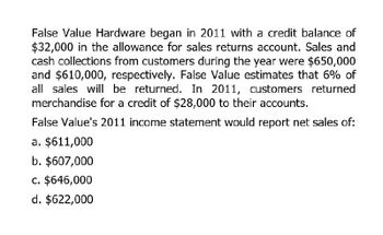 False Value Hardware began in 2011 with a credit balance of
$32,000 in the allowance for sales returns account. Sales and
cash collections from customers during the year were $650,000
and $610,000, respectively. False Value estimates that 6% of
all sales will be returned. In 2011, customers returned
merchandise for a credit of $28,000 to their accounts.
False Value's 2011 income statement would report net sales of:
a. $611,000
b. $607,000
c. $646,000
d. $622,000