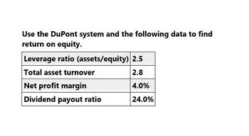 Use the DuPont system and the following data to find
return on equity.
Leverage ratio (assets/equity) 2.5
Total asset turnover
2.8
Net profit margin
4.0%
Dividend payout ratio
24.0%