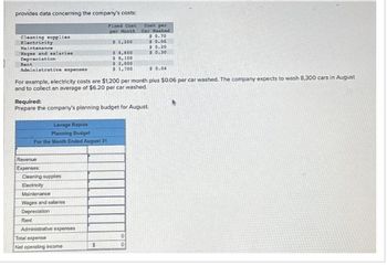 provides data concerning the company's costs:
Fixed Cost
per Month
$ 1,200
Cleaning supplies
Electricity
Maintenance
Wages and salaries
Depreciation
Administrative expenses
Rent
Lavage Rapide
Planning Budget
For the Month Ended August 31
$ 0.04
For example, electricity costs are $1,200 per month plus $0.06 per car washed. The company expects to wash 8,300 cars in August
and to collect an average of $6.20 per car washed.
Required:
Prepare the company's planning budget for August
Revenue
Expenses
Cleaning supplies
Electricity
Maintenance
Wages and salaries
Depreciation
Rent
$4,600
$ 8,100
$ 2,000
$ 1,700
Administrative expenses
Total expense
Net operating income
$
Coat per
Car Wasbed
0
$0.70
$ 0.06
$ 0.20
$0.30