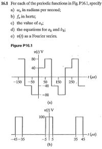 16.1 For each of the periodic functions in Fig. P16.1, specify
a) w, in radians per second;
b) fo in hertz;
c) the value of ay
d) the equations for ar and bg;
e) v(i) as a Fourier series.
Figure P16.1
v(t} V
80
40
t (us)
-150
-50
50
-40
250,
150
-80
(a)
v(1) V
100
-5 | 5
(b)
-45 -35
35 45
