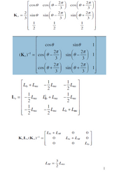 ### Transformation Matrices and Inductance Matrix in Electrical Engineering

#### Clarke Transformation Matrix (\( \mathbf{K_s} \))
The Clarke transformation matrix, \( \mathbf{K_s} \), is used to transform three-phase coordinates into two-phase orthogonal coordinates. This matrix is defined as:

\[
\mathbf{K_s} = \frac{2}{3} \begin{bmatrix}
\cos \theta & \cos \left( \theta - \frac{2\pi}{3} \right) & \cos \left( \theta + \frac{2\pi}{3} \right) \\
\sin \theta & \sin \left( \theta - \frac{2\pi}{3} \right) & \sin \left( \theta + \frac{2\pi}{3} \right) \\
\frac{1}{2} & \frac{1}{2} & \frac{1}{2}
\end{bmatrix}
\]

#### Inverse Clarke Transformation (\( (\mathbf{K_s})^{-1} \))
The inverse of the Clarke transformation matrix converts two-phase orthogonal coordinates back to three-phase coordinates.

\[
(\mathbf{K_s})^{-1} = \begin{bmatrix}
\cos \theta & \sin \theta & 1 \\
\cos \left( \theta - \frac{2\pi}{3} \right) & \sin \left( \theta - \frac{2\pi}{3} \right) & 1 \\
\cos \left( \theta + \frac{2\pi}{3} \right) & \sin \left( \theta + \frac{2\pi}{3} \right) & 1
\end{bmatrix}
\]

#### Stator Self and Mutual Inductance Matrix (\( \mathbf{L_s} \))
This matrix represents the self and mutual inductances in a three-phase system.

\[
\mathbf{L_s} = \begin{bmatrix}
L_{ls} + L_{ms} & -\frac{1}{2}L_{ms} & -\frac{1}{2}L_{ms} \\
-\frac{1}{2}L_{ms} & L_{ls} + L_{ms} & -\frac{1}{2}L_{ms} \