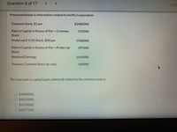 Question 9 of 17
-11
Presented below is information related to Swifty Corporation:
Common Stock, $1 par
$3480000
Paid-in Capital in Excess of Par-Common
552000
Stock
Preferred 8 1/2% Stock, $50 par
1960000
Paid-in Capital in Excess of Par-Preferred
397000
Stock
Retained Earnings
1410000
Treasury Common Stock (at cost)
160000
The total paid-in capital (cash collected) related to the common stock is
O $3480000.
O $4032000.
O $5430000.
O $3877000.
