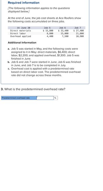 Required information
[The following information applies to the questions
displayed below.]
At the end of June, the job cost sheets at Ace Roofers show
the following costs accumulated on three jobs.
At June 30
Direct materials.
Direct labor
Overhead applied
Job 5
$ 15,800
8,800
4,400
Job 6
$33,400
15,000
7,500
Additional Information
a. Job 5 was started in May, and the following costs were
assigned to it in May: direct materials, $6,400; direct
labor, $2,200; and applied overhead, $1,300. Job 5 was
finished in June.
Predetermined overhead rate
b. Job 6 and Job 7 were started in June; Job 6 was finished
in June, and Job 7 is to be completed in July.
c. Overhead cost is applied with a predetermined rate
based on direct labor cost. The predetermined overhead
rate did not change across these months.
3. What is the predetermined overhead rate?
Job 7
$ 27,400
21,800
10,900
%