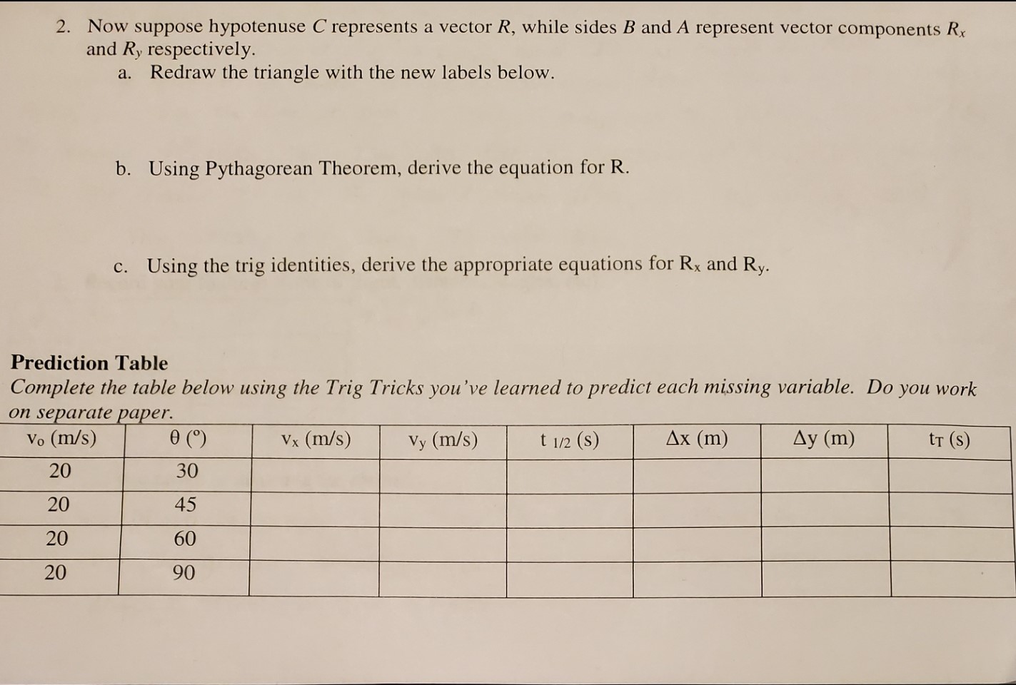 2. Now suppose hypotenuse C represents a vector R, while sides B and A represent vector components Rx
and Ry respectively.
a. Redraw the triangle with the new labels below.
b. Using Pythagorean Theorem, derive the equation for R.
c. Using the trig identities, derive the appropriate equations for Rx and Ry.
Prediction Table
Complete the table below using the Trig Tricks you've learned to predict each missing variable. Do you work
on separate paper.
Vo (m/s)
Ax (m)
0 (0)
Vx (m/s)
Ay (m)
tT (s)
t 1/2 (s)
Vy (m/s)
20
30
20
45
60
20
20
90
