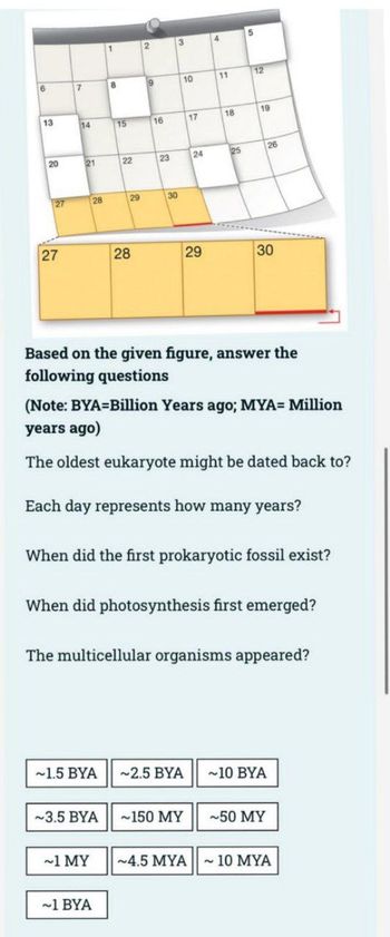 1
2
3
4
5
6
7
8
9
10
11
12
13
14
15
16
17
18
19
20
21
22
23
24
25
26
27
28
29
29
27
28
30
330
29
29
30
Based on the given figure, answer the
following questions
(Note: BYA=Billion Years ago; MYA= Million
years ago)
The oldest eukaryote might be dated back to?
Each day represents how many years?
When did the first prokaryotic fossil exist?
When did photosynthesis first emerged?
The multicellular organisms appeared?
~1.5 BYA ~2.5 BYA ~10 BYA
~3.5 BYA
~150 MY
~50 MY
~1 MY
~4.5 MYA ~ 10 MYA
~1 BYA