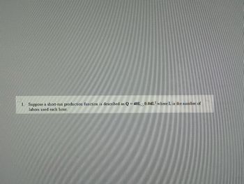 1. Suppose a short-run production function is described as Q40L 0.04L2 where L is the number of
labors used each hour.