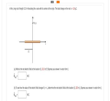 A thin, long rod of length 13.0 m lies along the x axis with its center at the origin. The total charge on the rod is -110 µC.
1./2
-
E =
rod
S
P(0,y)
(a) What is the net electric field at the location (0, 32.5 m)? (Express your answer in vector form.)
N/C
(b) To see how the value of the electric field changes if y » L., determine the net electric field at the location (0, 325 m). (Express your answer in vector form.)
N/C