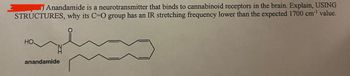 Anandamide is a neurotransmitter that binds to cannabinoid receptors in the brain. Explain, USING
STRUCTURES, why its C-O group has an IR stretching frequency lower than the expected 1700 cm-¹ value.
НО.
anandamide