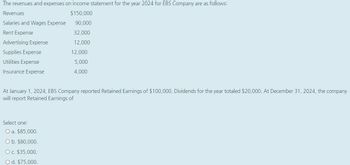 The revenues and expenses on income statement for the year 2024 for EBS Company are as follows:
Revenues
$150,000
Salaries and Wages Expense
90,000
Rent Expense
32,000
Advertising Expense
12,000
Supplies Expense
12,000
Utilities Expense
5,000
4,000
Insurance Expense
At January 1, 2024, EBS Company reported Retained Earnings of $100,000. Dividends for the year totaled $20,000. At December 31, 2024, the company
will report Retained Earnings of
Select one:
O a. $85,000.
O b. $80,000.
O c. $35,000.
O d. $75,000.