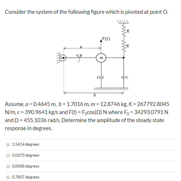 Consider the system of the following figure which is pivoted at point O.
F(t)
m
Assume, a = 0.4645 m, b = 1.7016 m, m = 12.8746 kg, K = 267792.8045
N/m, c = 390.9641 kg/s and F(t) = Focos(N) N where Fo = 34293.0791 N
and Q = 455.1036 rad/s. Determine the amplitude of the steady state
response in degrees.
