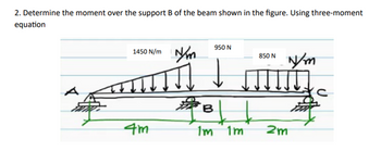 2. Determine the moment over the support B of the beam shown in the figure. Using three-moment
equation
1450 N/m m
ஆனர்
J
781
B
4m
A
950 N
850 N
Nm
1m 1m 2m