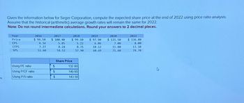 es
Given the information below for Seger Corporation, compute the expected share price at the end of 2022 using price ratio analysis.
Assume that the historical (arithmetic) average growth rates will remain the same for 2022.
Note: Do not round intermediate calculations. Round your answers to 2 decimal places.
Year
Price
EPS
CFPS
SPS
2016
$94.50
4.34
7.27
52.60
Using PE ratio
Using P/CF ratio
Using P/S ratio
2017
$ 100.40
5.05
8.24
58.52
$
$
$
2018
$99.10
5.22
8.71
57.90
Share Price
132.80
140.60
143.50
2019
$97.90
6.06
10.12
60.69
2020
$ 121.50
7.00
11.80
71.60
2021
$ 136.80
8.00
13.10
78.70