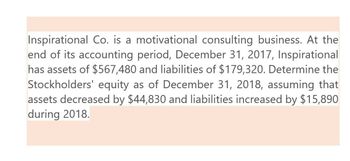 Inspirational Co. is a motivational consulting business. At the
end of its accounting period, December 31, 2017, Inspirational
has assets of $567,480 and liabilities of $179,320. Determine the
Stockholders' equity as of December 31, 2018, assuming that
assets decreased by $44,830 and liabilities increased by $15,890
during 2018.