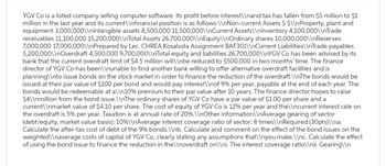 YGV Co is a listed company selling computer software. Its profit before interest\\nand tax has fallen from $5 million to $1
million in the last year and its current\\nfinancial position is as follows:\\nNon-current Assets $ $\\nProperty, plant and
equipment 3,000,000\\nIntangible assets 8,500,000 11,500,000\\nCurrent Assets\\nInventory 4,100,000\\nTrade
receivables 11,100,000 15,200,000\\nTotal Assets 26,700,000\\nEquity\\nOrdinary shares 10,000,000\\n Reserves
7,000,000 17,000,000\\nPrepared by Lec. CHREA Kosalsola Assignment BAF301\\nCurrent Liabilities\\nTrade payables
5,200,000\\nOverdraft 4,500,000 9,700,000\\nTotal equity and liabilities 26,700,000\\nYGV Co has been advised by its
bank that the current overdraft limit of $4.5 million will\\nbe reduced to $500,000 in two months' time. The finance
director of YGV Co has been\\nunable to find another bank willing to offer alternative overdraft facilities and is
planning\\nto issue bonds on the stock market in order to finance the reduction of the overdraft.\\nThe bonds would be
issued at their par value of $100 per bond and would pay interest\ \nof 9% per year, payable at the end of each year. The
bonds would be redeemable at a\\n10% premium to their par value after 10 years. The finance director hopes to raise
$4\\nmillion from the bond issue.\\nThe ordinary shares of YGV Co have a par value of $1.00 per share and a
current\\nmarket value of $4.10 per share. The cost of equity of YGV Co is 12% per year and the\\ncurrent interest rate on
the overdraft is 5% per year. Taxation is at annual rate of 20%.\\nOther information\\nAverage gearing of sector
(debt/equity, market value basis): 10%\\nAverage interest coverage ratio of sector: 8 times\\nRequired (30pts)\\na.
Calculate the after-tax cost of debt of the 9% bonds.\\nb. Calculate and comment on the effect of the bond issues on the
weighted\\naverage costs of capital of YGV Co, clearly stating any assumptions that\\nyou make.\\nc. Calculate the effect
of using the bond issue to finance the reduction in the\\noverdraft on\\ni. The interest coverage ratio\\nii. Gearing\\n