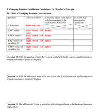 3. Changing Reaction Equilibrium Conditions - Le Chatelier's Principle
3A. Effect of Changing Reactant Concentration
Test tube
Is intensity of red color darker Is [Fe(SCN)]²*
or lighter compare to the
reference test tube color
Color of solution
increased or
decreased?
1. Reference
Blood red color
2. Fe* added
Dark blood red darker
color
3. SCN added
Dark blood red darker
color
4. Fe* removed
Light Blood red lighter
by adding CI
color
5. SCN' removed Light blood red lighter
by adding Ag*
color
Question 10: With the addition of more Fe*³ ions in test tube 2, did the reaction equilibrium move
towards reactants or products? Explain.
Question 11: With the addition of more SCN' ions in test tube 3, did the reaction equilibrium move
towards reactants or products? Explain.
Question 12: The addition of Cl ions in test tube 4 shifts the equilibrium in the backward direction.
Explain how.
