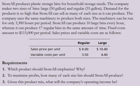 StoreAll produces plastic storage bins for household storage needs. The company
makes two sizes of bins: large (50 gallon) and regular (35 gallon). Demand for the
products is so high that StoreAll can sell as many of each size as it can produce. The
company uses the same machinery to produce both sizes. The machinery can be run
for only 3,300 hours per period. StoreAll can produce 10 large bins every hour,
whereas it can produce 17 regular bins in the same amount of time. Fixed costs
amount to $115,000 per period. Sales prices and variable costs are as follows:
Regular
Large
Sales price per unit
$ 8.00
$ 10.40
Variable costs per unit
3.50
4.40
Requirements
1. Which product should StoreAll emphasize? Why?
2. To maximize profits, how many of each size bin should StoreAll produce?
3. Given this product mix, what will the company's operating income be?
