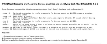 P9-2 (Algo) Recording and Reporting Current Liabilities and identifying Cash Flow Effects LO9-1, 9-5
Roger Company completed the following transactions during Year 1. Roger's fiscal year ends on December 31.
January 8 Purchased merchandise for resale on account. The invoice amount was $14,770; assume a perpetual
inventory system.
Paid January 8 invoice.
Borrowed $30,000 from National Bank for general use; signed a 12-month, 8% annual interest-bearing
note for the money.
Purchased merchandise for resale on account. The invoice amount was $17,220.
Paid June 3 invoice.
January 17
April 1
June 3
July 5
August 1
Rented office space in one of Roger's buildings to another company and collected six months' rent in
advance amounting to $27,000.
December 20 Received a $180 deposit from a customer as a guarantee to return a trailer borrowed for 30 days.
December 31 Determined wages of $9,500 were earned but not yet paid on December 31 (disregard payroll taxes).
Required:
1. Prepare journal entries for each of these transactions.
2. Prepare the adjusting entries required on December 31.
3. Show how all of the liabilities arising from these transactions are reported on the balance sheet at December 31.