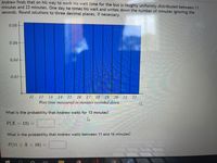 Andrew finds that on his way to work his wait time for the bus is roughly uniformly distributed between 11
minutes and 23 minutes. One day he times his wait and writes down the number of minutes ignoring the
seconds. Round solutions to three decimal places, if necessary.
0.08
0.06
0.04
0.02-
11
12
13 14
15
16 17 18
19 20
21 22
Wait time measured in minutes rounded down
What is the probability that Andrew waits for 13 minutes?
P(X = 13) =
What is the probability that Andrew waits between 11 and 16 minutes?
P(11 < X < 16) =
