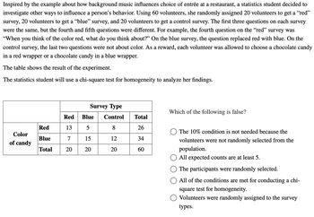 Inspired by the example about how background music influences choice of entrée at a restaurant, a statistics student decided to
investigate other ways to influence a person's behavior. Using 60 volunteers, she randomly assigned 20 volunteers to get a "red"
survey, 20 volunteers to get a “blue” survey, and 20 volunteers to get a control survey. The first three questions on each survey
were the same, but the fourth and fifth questions were different. For example, the fourth question on the "red" survey was
"When you think of the color red, what do you think about?" On the blue survey, the question replaced red with blue. On the
control survey, the last two questions were not about color. As a reward, each volunteer was allowed to choose a chocolate candy
in a red wrapper or a chocolate candy in a blue wrapper.
The table shows the result of the experiment.
The statistics student will use a chi-square test for homogeneity to analyze her findings.
Color
of candy
Red
Red
13
Blue
7
Total 20
Survey Type
Control
8
12
20
Blue
5
15
20
Total
26
34
60
Which of the following is false?
The 10% condition is not needed because the
volunteers were not randomly selected from the
population.
All expected counts are at least 5.
The participants were randomly selected.
All of the conditions are met for conducting a chi-
square test for homogeneity.
Volunteers were randomly assigned to the survey
types.