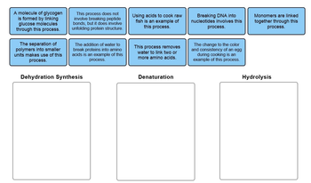 A molecule of glycogen
is formed by linking
glucose molecules
through this process.
The separation of
polymers into smaller
units makes use of this
process.
This process does not
involve breaking peptide
bonds, but it does involve
unfolding protein structure.
The addition of water to
break proteins into amino
acids is an example of this
process.
Dehydration Synthesis
Using acids to cook raw
fish is an example of
this process.
This process removes
water to link two or
more amino acids.
Denaturation
Breaking DNA into
nucleotides involves this
process.
The change to the color
and consistency of an egg
during cooking is an
example of this process.
Monomers are linked
together through this
process.
Hydrolysis