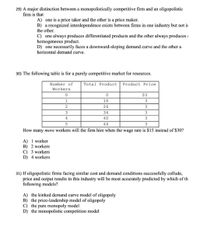 29) A major distinction between a monopolistically competitive firm and an oligopolistic
firm is that
A) one is a price taker and the other is a price maker.
B) a recognized interdependence exists between firms in one industry but not ir
the other.
C) one always produces differentiated products and the other always produces :
homogeneous product.
D) one necessarily faces a downward-sloping demand curve and the other a
horizontal demand curve.
30) The following table is for a purely competitive market for resources.
Number of
Total Product
Product Price
Workers
$3
1
16
26
3
34
4
40
3
44
How many more workers will the firm hire when the wage rate is $15 instead of $30?
A) 1 worker
B) 2 workers
C) 3 workers
D) 4 workers
31) If oligopolistic firms facing similar cost and demand conditions successfully collude,
price and output results in this industry will be most accurately predicted by which of th
following models?
A) the kinked demand curve model of oligopoly
B) the price-leadership model of oligopoly
C) the pure monopoly model
D) the monopolistic competition model
