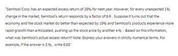 "Semitool Corp. has an expected excess return of 20% for next year. However, for every unexpected 1%
change in the market, Semitool's return responds by a factor of 0.9. Suppose it turns out that the
economy and the stock market do better than expected by 10% and Semitool's products experience more
rapid growth than anticipated, pushing up the stock price by another 4%. Based on this information,
what was Semitool's actual excess return? Note: Express your answers in strictly numerical terms. For
example, if the answer is 5 %, write 0.05"