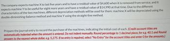 The company expects machine X to last five years and to have a residual value of $4,600 when it is removed from service, and it
expects machine Y to be useful for eight more years and have a residual value of $14,990 at that time. Due to the different
characteristics of the two machines, different depreciation methods will be used for them: machine X will be depreciated using the
double-diminishing-balance method and machine Y using the straight-line method.
Prepare the journal entry to record the purchase of the machines, indicating the initial cost of each. (Credit account titles are
automatically indented when the amount is entered. Do not indent manually. Round percentage to 1 decimal place, for e.g. 40.1 and Round
answers to the nearest whole dollar, e.g. 5,275. If no entry is required, select "No Entry" for the account titles and enter O for the amounts.)