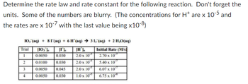 Determine the rate law and rate constant for the following reaction. Don't forget the
units. Some of the numbers are blurry. (The concentrations for H+ are x 10-5 and
the rates are x 10-7 with the last value being x10-8)
103(aq) + 81(aq) + 6 H*(aq) → 31, (aq) + 2 H₂O(aq)
Trial
1
[103]
0.0050
[I].
0.030
[H].
2.0 x 10
Initial Rate (M/s)
2.70 x 10
2
0.0100
0.030
2.0 x 10
5.40 x 10
3
0.0050
0.045
2.0 x 10
6.07 x 10
4
0.0050
0.030
1.0 x 10
6.75 x 10