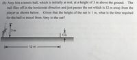(b) Amy hits a tennis ball, which is initially at rest, at a height of 3 m above the ground. The
ball flies off in the horizontal direction and just passes the net which is 12 m away from the
player as shown below.
Given that the height of the net is 1 m, what is the time required
for the ball to travel from Amy to the net?
3 m
1 m
12 m
