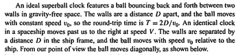 An ideal superball clock features a ball bouncing back and forth between two
walls in gravity-free space. The walls are a distance D apart, and the ball moves
with constant speed vå, so the round-trip time is T = 2D/v. An identical clock
in a spaceship moves past us to the right at speed V. The walls are separated by
a distance D in the ship frame, and the ball moves with speed v relative to the
ship. From our point of view the ball moves diagonally, as shown below.