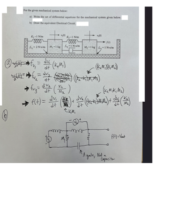 **Educational Content: Mechanical and Electrical System Analysis**

**Mechanical System Description:**

The mechanical system consists of two masses, \( M_1 \) and \( M_2 \), each weighing 1 kg. They are connected in series with springs \( k_1 \) and \( k_2 \) both having spring constants of 1 N/m. The system is subjected to damping forces \( fv_1 = 2 \, \text{N·s/m} \), \( fv_2 = 1 \, \text{N·s/m} \), and \( fv_3 = 1 \, \text{N·s/m} \). The velocities of the masses are \( v_1(t) \) and \( v_2(t) \). An external force \( f(t) \) is applied to the system.

**a) Differential Equations:**

1. \( f_{v1} = \frac{dv_1}{dt} (k_1, M_1) \)
2. \( f_{v2} = \frac{dv_2}{dt} (k_2, k_1, M_1, M_2) \)
3. \( f_{v3} = \frac{dv_3}{dt} \left( \frac{k_2}{M_2} \right) \)

The expression for the applied force \( f(t) \) is derived as:

\[ f(t) = \frac{dv_1}{dt} - k_1 M_1 + \frac{dv_2}{dt} (k_2, k_1, M_1, M_2) + \frac{dv_3}{dt} \left( \frac{k_1}{M_2} \right) \]

**b) Equivalent Electrical Circuit:**

The equivalent electrical circuit is drawn with the following components:

- An inductor \( M_1 \) representing mass \( M_1 \).
- Two capacitors representing the spring constants and damping.
- A voltage source, \( f(t) = V_{\text{out}} \), replaces the external force.
  
Note that the component remarked as "A gate, Not a Capacitor" replaces an element in the system.

This representation helps in understanding the analogous relationship between mechanical damped spring-mass systems and RLC circuits in electrical engineering.