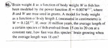 40. Brain weight B as a function of body weight W in fish has
been modeled by the power function B 0.007W, where
B and W are measured in grams. A model for body weight
as a function of body length L (measured in centimeters) is
W 0.1222 If, over 10 million years, the average length of
a certain species of fish evolved from 15 cm to 20 cm at a
constant rate, how fast was this species brain growing when
the average length was 18 cm?