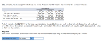 B&B, a retailer, has two departments: beds and linens. A recent monthly income statement for the company follows:
Sales
Less: Variable expenses
Contribution margin
Less: Fixed expenses
Net operating income (loss)
Department
Net operating income decreased
Beds
Linens
$3,000,000 $1,000,000
1000,000
by
400,000
600,000
800,000
$ 600,000 $ (200,000)
2,000,000
1,400,000
Total
$4,000,000
1,400,000
A study indicates that $240,000 of the fixed expenses being charged to linens are sunk costs or allocated costs that will continue
even if the linens department is dropped. In addition, the elimination of the linens department will result in a 20% decrease in the sales
of the beds department.
2,600,000
2,200,000
400,000
Required:
If the linens department is dropped, what will be the effect on the net operating income of the company as a whole?