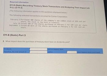 Required information
E11-8 (Static) Recording Treasury Stock Transactions and Analyzing Their Impact (LO
11-2, LO 11-3]
[The following information applies to the questions displayed below.]
The following selected transactions occurred for Corner Corporation:
February 1 Purchased 400 shares of the company's own common stock at $28 cash per
share; the stock is now held in treasury.
July 15 Issued 100 of the shares purchased on February 1 for $30 cash per share.
September 1 Issued 60 more of the shares purchased on February 1 for $15 cash per
share.
E11-8 (Static) Part 3
3. What impact does the purchase of treasury stock have on dividends paid?
Dividends
Therefore, the total amount of
paid on treasury stock.
paid is
when treasury stock is purchased.