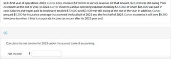 In its first year of operations, 2023, Culver Corp. invoiced $190,000 in service revenue. Of that amount, $23,000 was still owing from
customers at the end of year. In 2023, Culver incurred various operating expenses totalling $82,000, of which $86,000 was paid in
cash. Salaries and wages paid to employees totalled $72,000 and $3,400 was still owing at the end of the year. In addition, Culver
prepaid $5,300 for insurance coverage that covered the last half of 2023 and the first half of 2024. Culver estimates it will owe $8,300
in income tax when it files its corporate income tax return after its 2023 year end.
(a)
Calculate the net income for 2023 under the accrual basis of accounting.
Net income
$