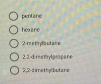 The image shows a list of chemical compounds, each preceded by a radio button, suggesting it is part of a multiple-choice question. The compounds listed are:

1. Pentane
2. Hexane
3. 2-Methylbutane
4. 2,2-Dimethylpropane
5. 2,2-Dimethylbutane

There are no graphs or diagrams included in the image.