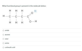 What functional group is present in the molecule below:
H
H H
H-C-C-
H
amide
alcohol
ester
amine
O carboxylic acid
C
H H
C
O
I
O-H