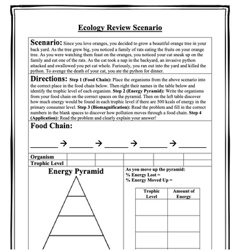 Ecology Review Scenario
Scenario: Since you love oranges, you decided to grow a beautiful orange tree in your
back yard. As the tree grew big, you noticed a family of rats eating the fruits on your orange
tree. As you were watching them feast on the oranges, you noticed your cat sneak up on the
family and eat one of the rats. As the cat took a nap in the backyard, an invasive python
attacked and swallowed you pet cat whole. Furiously, you ran out into the yard and killed the
python. To avenge the death of your cat, you ate the python for dinner.
Directions: Step 1 (Food Chain): Place the organisms from the above scenario into
the correct place in the food chain below. Then right their names in the table below and
identify the trophic level of each organism. Step 2 (Energy Pyramid): Write the organisms
from your food chain on the correct spaces on the pyramid. Then on the left table discover
how much energy would be found in each trophic level if there are 500 kcals of energy in the
primary consumer level. Step 3 (Biomagnification): Read the problem and fill in the correct
numbers in the blank spaces to discover how pollution moves through a food chain. Step 4
(Application): Read the problem and clearly explain your answer!
Food Chain:
Organism
Trophic Level
Energy Pyramid
As you move up the pyramid:
% Energy Lost =
% Energy Moved Up =
Trophic
Level
Amount of
Energy