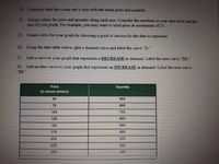 21. Correctly label the x-axis and y-axis with the terms price and quantity.
22. Assign values for price and quantity along each axis. Consider the numbers in your data table and the
size of your graph. For example, you may want to label price in increments of 25.
23. Create a title for your graph by choosing a good or service for the data to represent
24. Using the data table below, plot a demand curve and label the curve "D."
25. Add a curve to your graph that represents a DECREASE in demand. Label the new curve DI
26.
Add another curve to your graph that represents an INCREASE in demand. Label the new curve
D2."
Price
Anueno
(In whole dollars)
50
900
75
008
100
700
125
600
150
500
175
400
200
300
225
200
250
100
