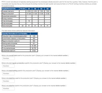 # Production Planning Exercise

A small manufacturer of specialty welding equipment has developed a level production plan for the next four quarters. Note, however, that this plan is incomplete and requires that you first compute the ending inventory for each quarter (and assume there is no Pre-Q1 ending inventory) before you answer the questions below.

## Supply/Demand Information

| Supply/Demand Info | Pre-Q1 | Q1   | Q2   | Q3   | Q4   |
|-------------------|--------|------|------|------|------|
| Forecast (demand) |        | 3,500| 3,000| 7,000| 7,000|
| Regular production|        | 5,125| 5,125| 5,125| 5,125|
| Subcontract production|   |      |      |      |      |
| Ending inventory  |        |      |      |      |      |
| Hired employees   |        | 18   |      |      |      |
| Fired employees   |        |      |      |      |      |
| Total employees   |        | 23   | 41   | 41   | 41   |

## Capacity Information & Cost Variables

| Variable                  | Value |
|---------------------------|-------|
| Production rate (units/employee/quarter) | 125   |
| Subcontractor capacity (units/quarter)   | 450   |
| Regular production cost/unit            | $80   |
| Holding cost/unit/quarter               | $11   |
| Hiring cost/employee                    | $1,060 |
| Firing cost/employee                    | $2,750 |
| Subcontract cost/unit                   | $128   |

### Calculation Questions

1. **What is the overall total cost for this production plan? (Display your answer to the nearest whole number.)**
   - **Answer:** (Input field for number)

2. **What is the total regular production cost for this production plan? (Display your answer to the nearest whole number.)**
   - **Answer:** (Input field for number)

3. **What is the total holding cost for this production plan? (Display your answer to the nearest whole number.)**
   - **Answer:** (Input field for number)

4. **What is the total hire cost for this production plan? (Display your answer to the nearest whole number.)**
   -