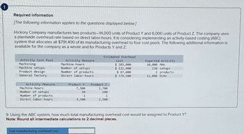 Required information
[The following information applies to the questions displayed below.]
Hickory Company manufactures two products-14,000 units of Product Y and 6,000 units of Product Z. The company uses
a plantwide overhead rate based on direct labor-hours. It is considering implementing an activity-based costing (ABC)
system that allocates all $791,400 of its manufacturing overhead to four cost pools. The following additional information is
available for the company as a whole and for Products Y and Z:
Activity Cost Pool
Machining
Machine setups
Product design
General factory
Activity Measure
Machine-hours
Number of setups
Number of products
Direct labor-hours
Activity Measure
Machine-hours
Total manufacturing overhead cost
Number of setups
Number of products
Direct labor-hours
Product Y
7,300
50
1
9,500
Estimated Overhead
Product Z
2,700
180
1
2,500
Cost
$ 203,000
$ 121,900
$ 87,000
$ 379,500
Expected Activity
10,000 MHS
230 setups
2 products
12,000 DLHS
9. Using the ABC system, how much total manufacturing overhead cost would be assigned to Product Y?
Note: Round all intermediate calculations to 2 decimal places.